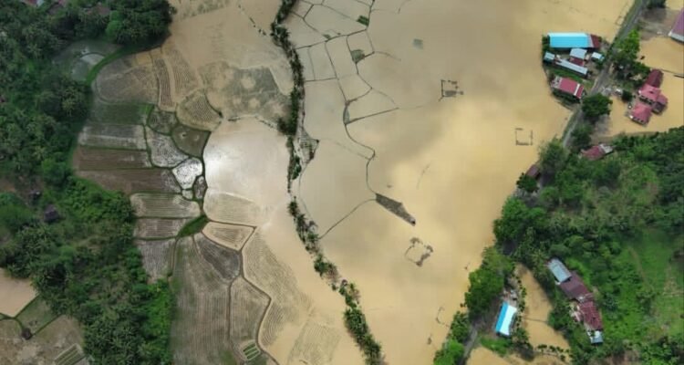 FOTO 14 Mei_Foto udara banjir yang merendam Nagari Saruaso, Kecamatan Tanjung Emas, Kabupaten Tanah Datar, Provinsi Sumatra Barat